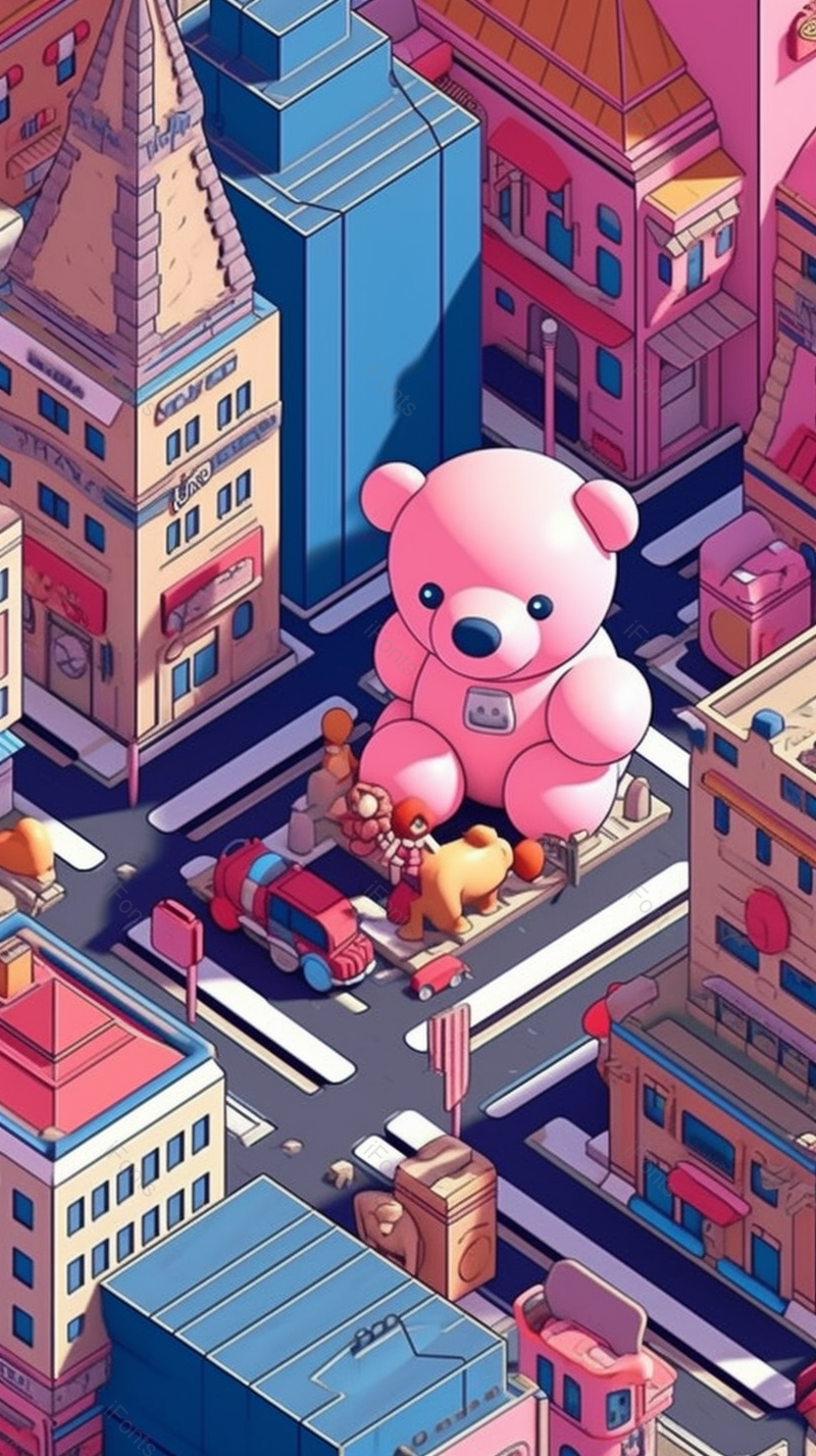 玩具小熊主题乐园马路边楼房房屋城市六一儿童节背景粉色插画,插画/手绘图,插画/手绘图库,插画/手绘图下载,插画/手绘